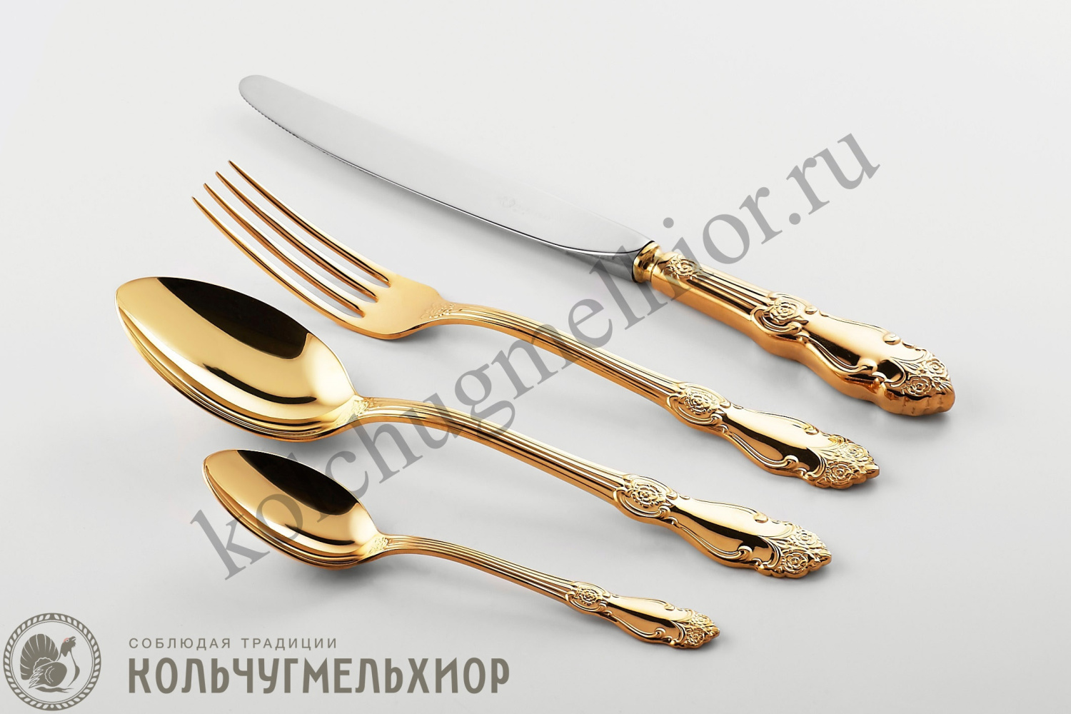 МЕЛЬХИОРОВЫЙ СТОЛОВЫЙ НАБОР "РОЗА" ПОЗОЛОЧЕННАЯ (48 ПРЕДМЕТОВ) – КОЛЬЧУГИНСКИЙ МЕЛЬХИОР