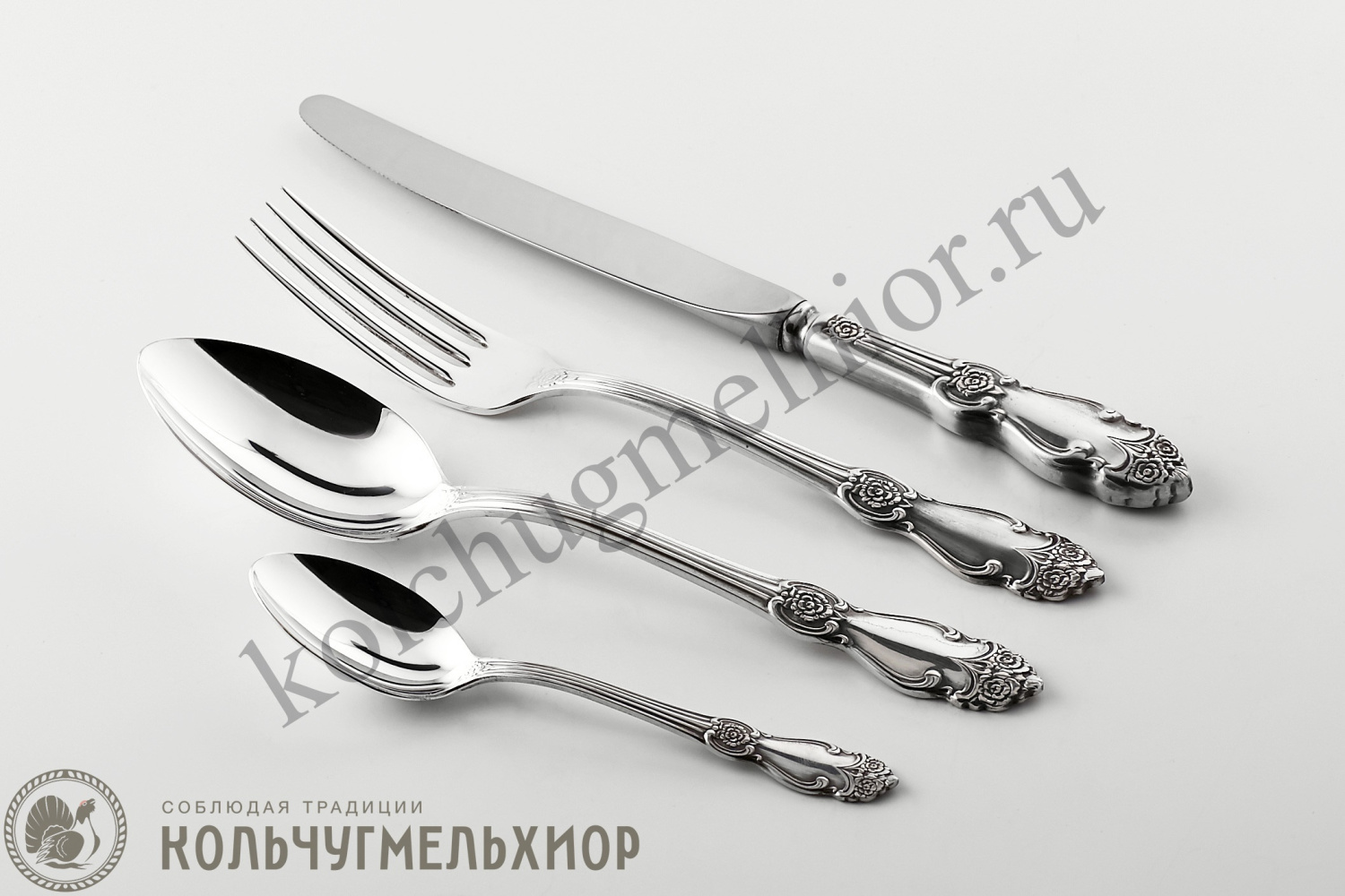 СТОЛОВЫЙ НАБОР ИЗ МЕЛЬХИОРА "РОЗА" С ЧЕРНЕНИЕМ (48 ПРЕДМЕТОВ) – КОЛЬЧУГИНСКИЙ МЕЛЬХИОР