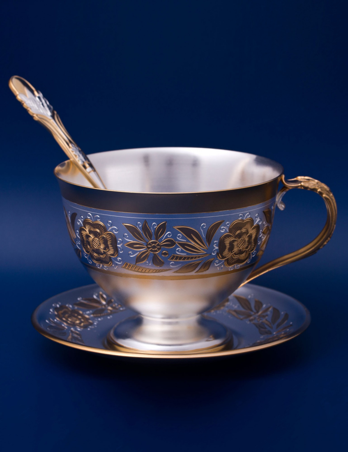 СЕРЕБРЯНАЯ ЧАЙНЫЙ НАБОР "№3" С ПОЗОЛОТОЙ – МСТЁРСКИЙ ЮВЕЛИР