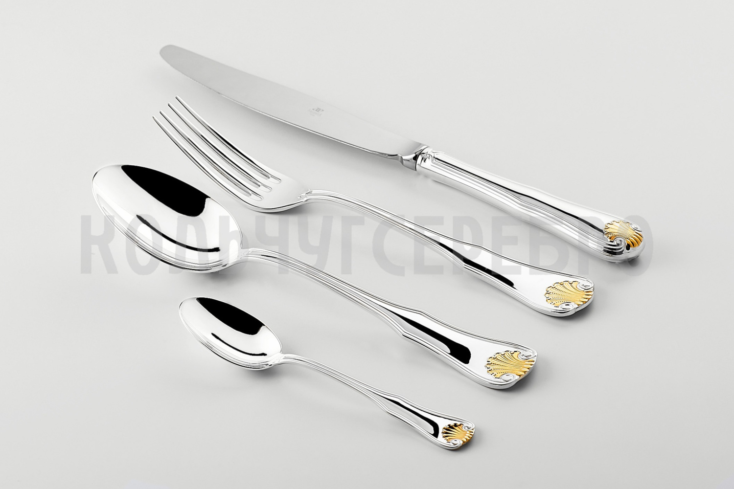 СЕРЕБРЯНЫЙ СТОЛОВЫЙ НАБОР "ВИЗИТ" С ПОЗОЛОТОЙ (4 ПРЕДМЕТА) – АРГЕНТА